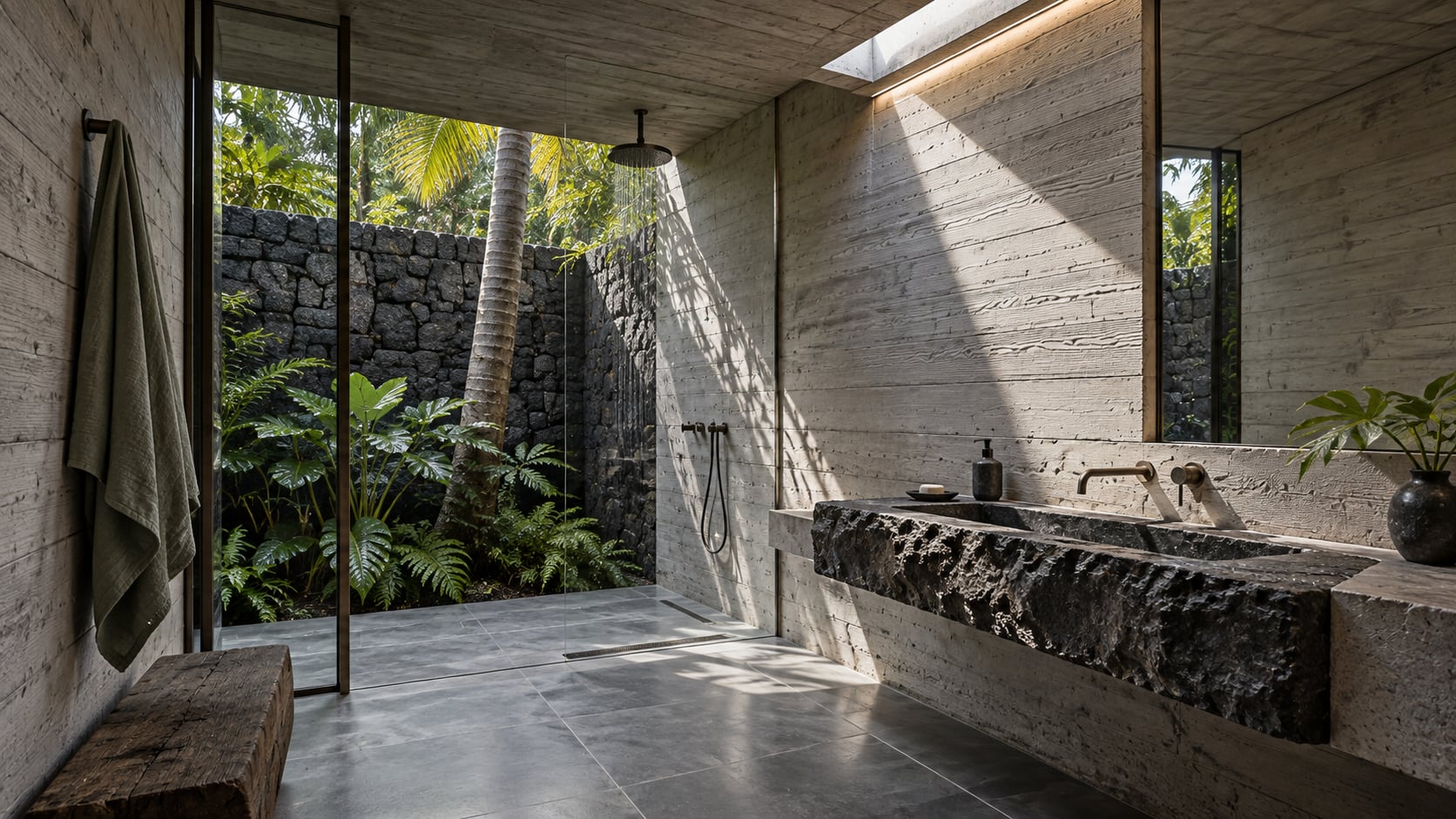 Bathroom with a basalt trough basin, brass tap and board-formed concrete wall lit by a skylight