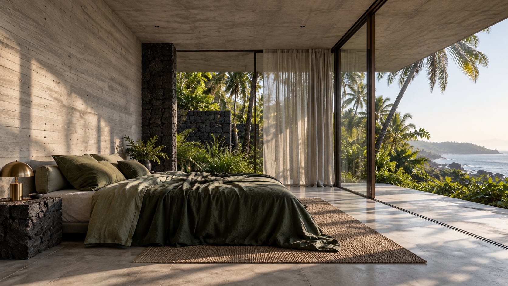 Bedroom with green linen, a basalt bedside table and a glass corner opening to a garden