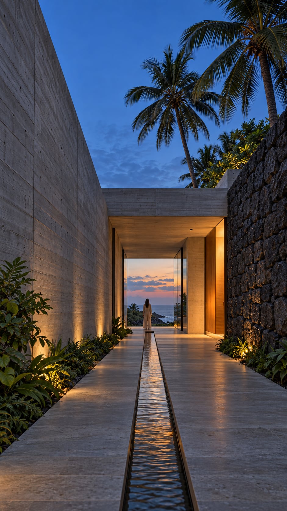 A narrow entrance court between concrete and basalt walls with a water rill leading to the sea at blue hour