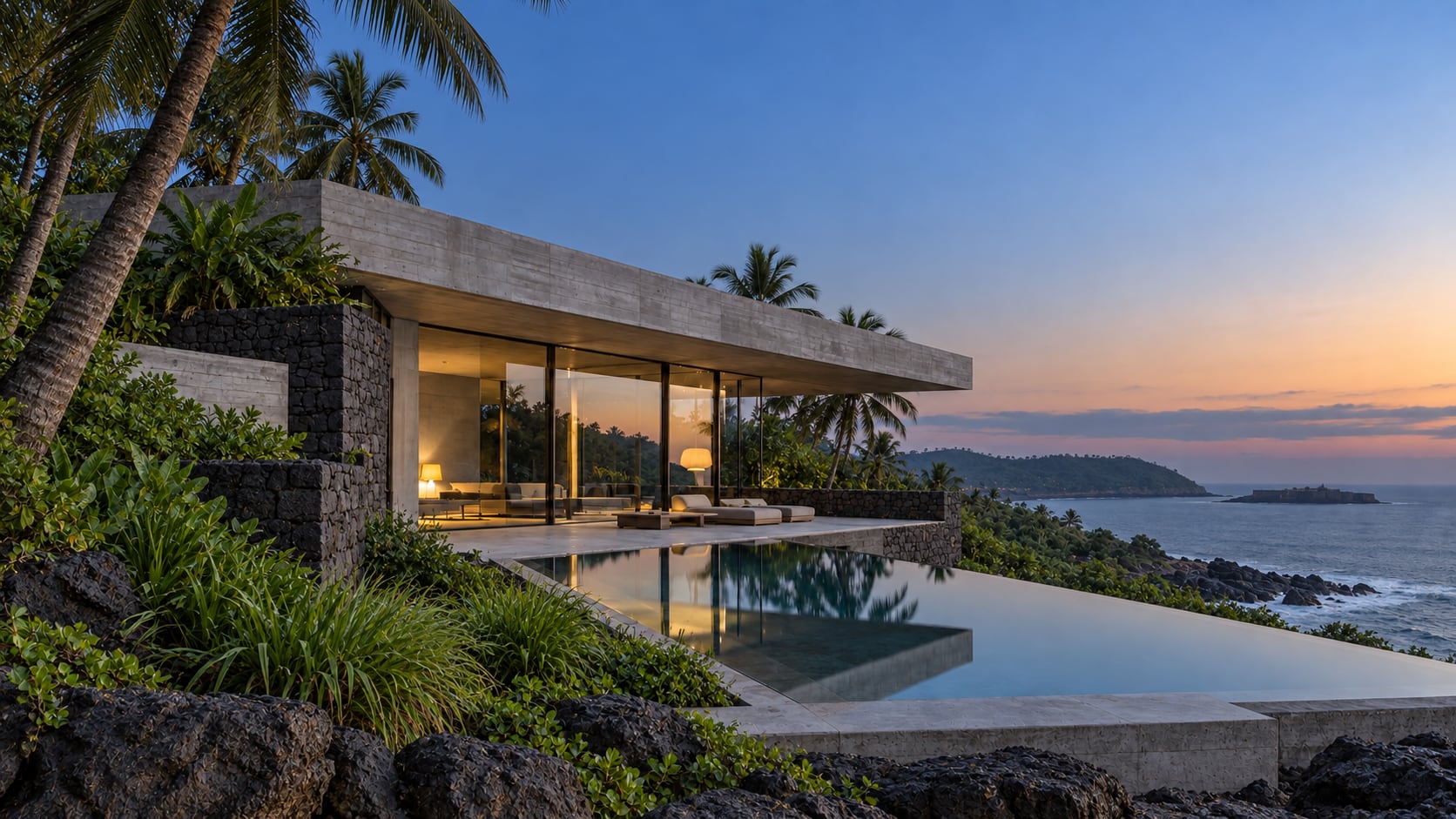 A long low concrete and basalt house with an infinity pool on a palm-covered headland above the sea at blue hour