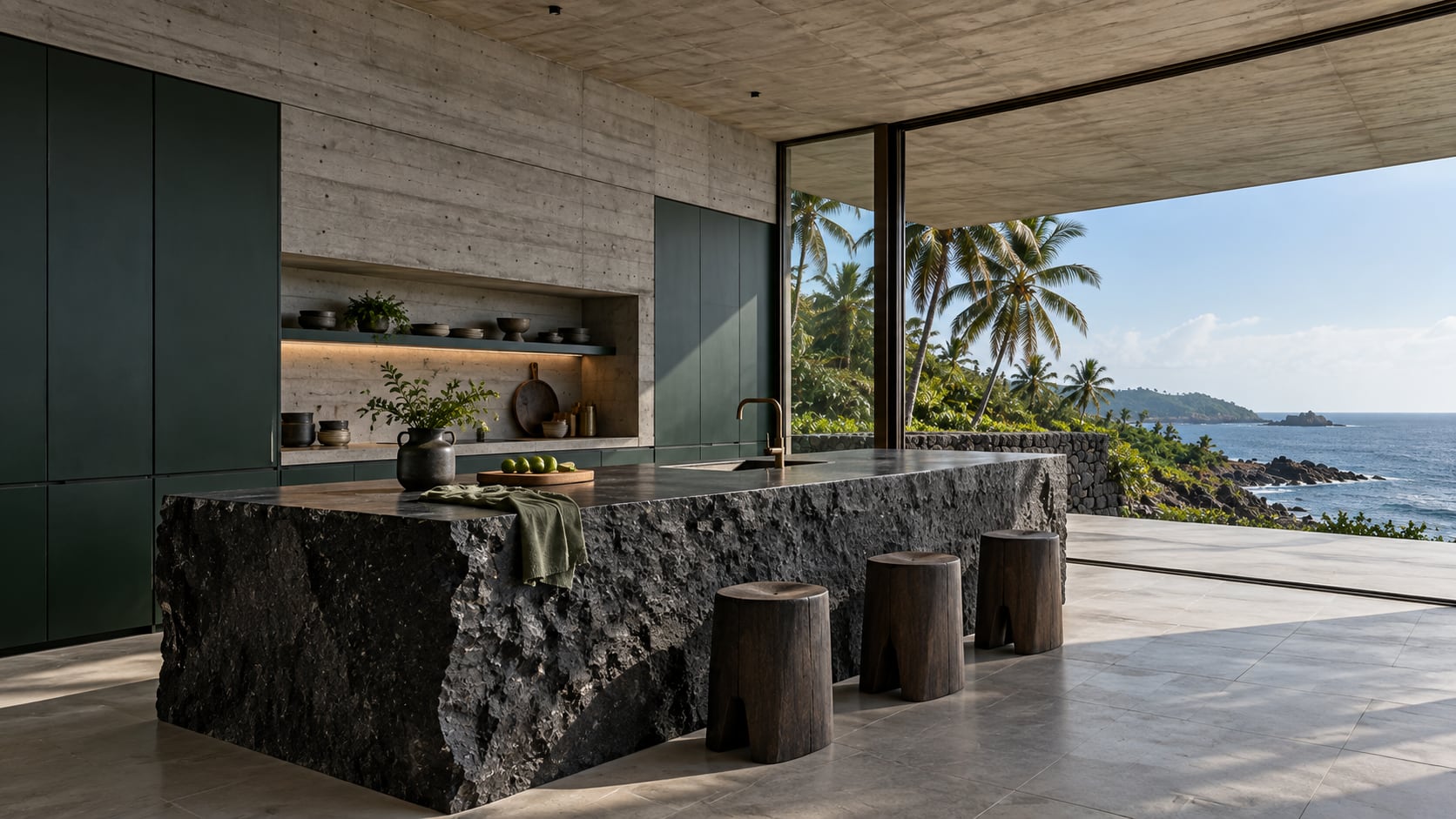 Kitchen with a black basalt island, pine-green cabinets and a concrete wall, open to palms and the sea