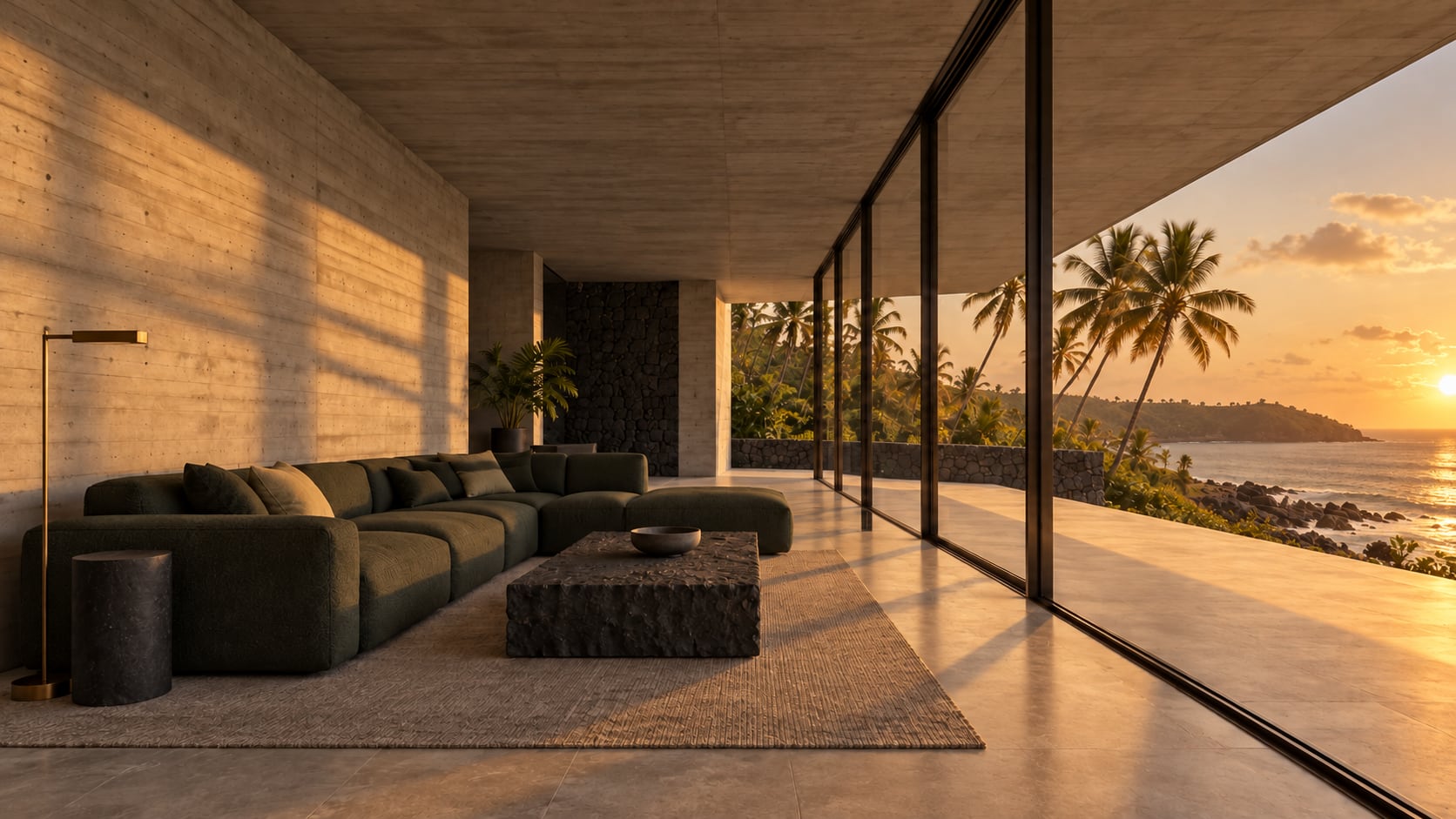 The living room at dusk, 18:20: concrete walls, a pine-green sofa, a basalt table and full-height glass to the sea