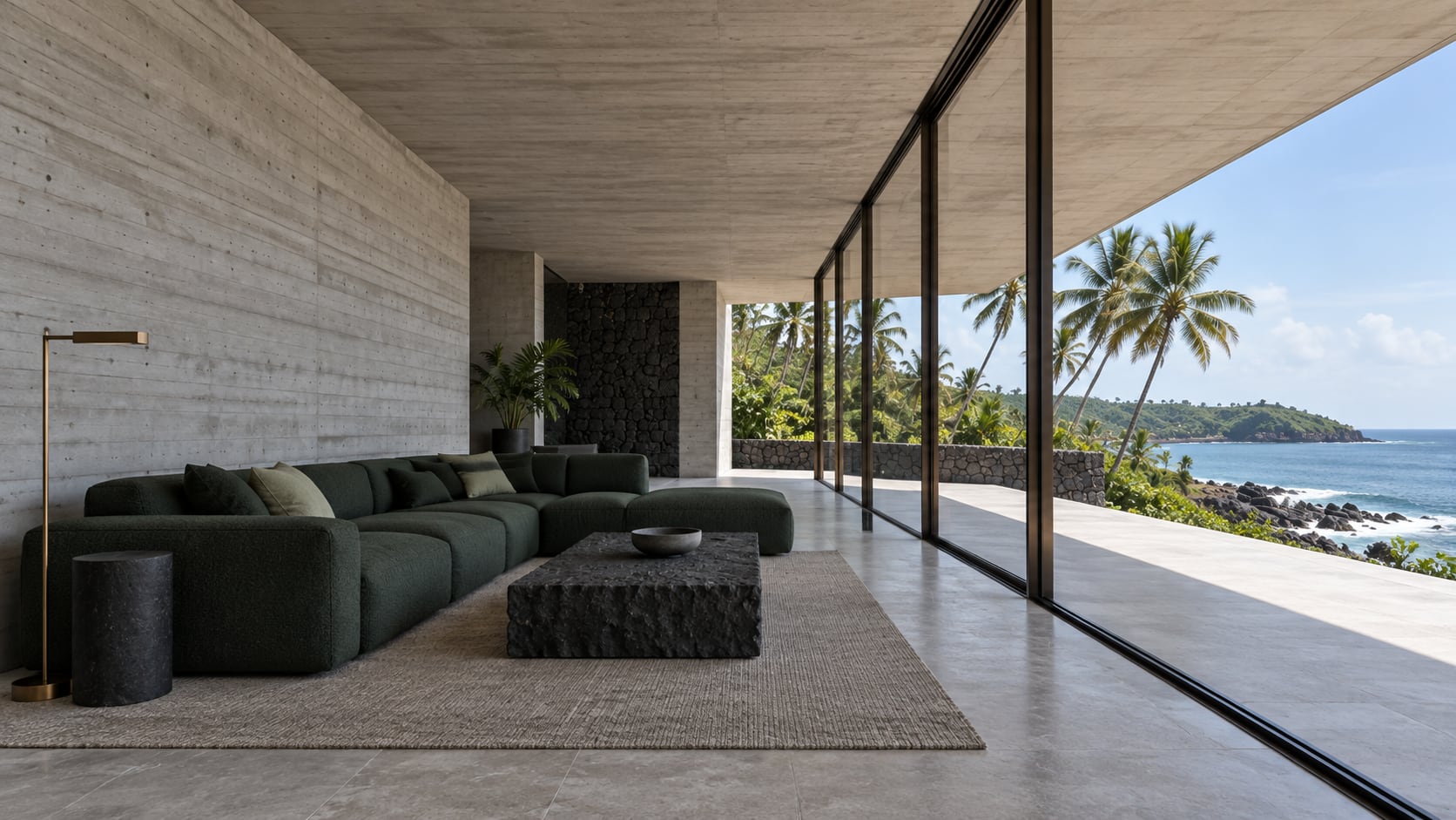 The living room at noon, 12:30: concrete walls, a pine-green sofa, a basalt table and full-height glass to the sea