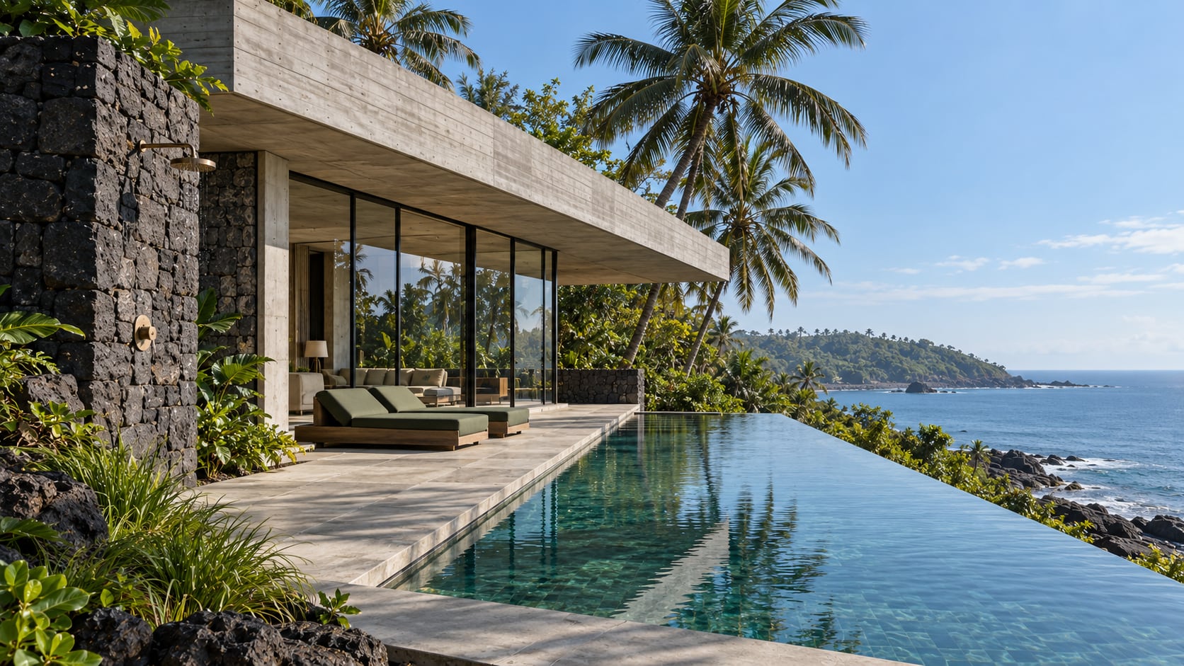 A long dark-green infinity pool running from under the concrete roof to the cliff edge